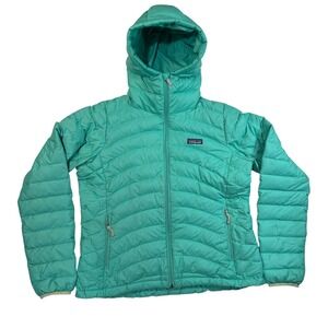 Patagonia Down Sweater Hoody Womens Large Green Puffer Jacket 84710 Full Zip